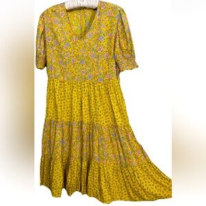 Downeast Dress S Yellow Floral Boho Cottagecore Flowy Rayon Tiered Fairycore